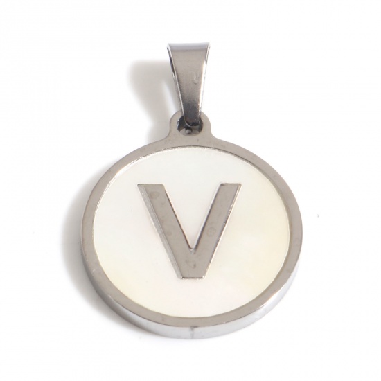 Picture of 304 Stainless Steel & Shell Charms Silver Tone White Round Initial Alphabet/ Capital Letter Message " V " 24mm x 16mm, 1 Piece