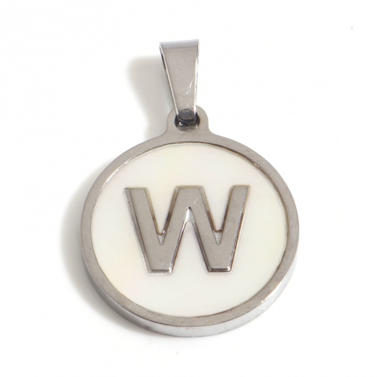 Picture of 304 Stainless Steel & Shell Charms Silver Tone White Round Initial Alphabet/ Capital Letter Message " W " 24mm x 16mm, 1 Piece