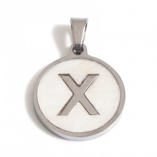 Picture of 304 Stainless Steel & Shell Charms Silver Tone White Round Initial Alphabet/ Capital Letter Message " X " 24mm x 16mm, 1 Piece