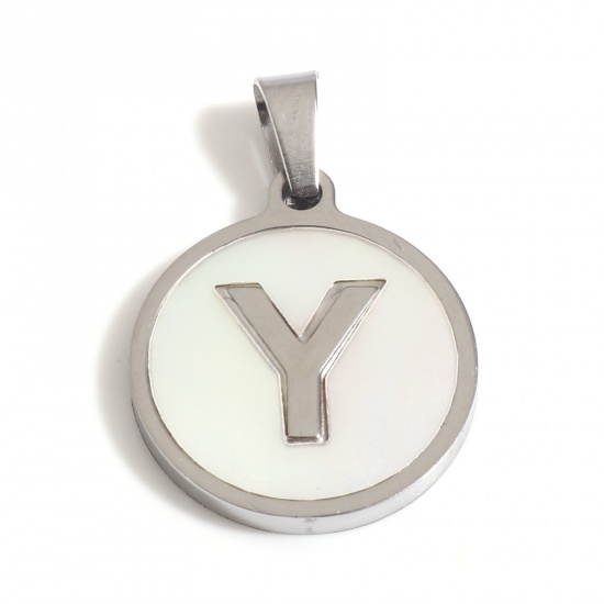 Picture of 304 Stainless Steel & Shell Charms Silver Tone White Round Initial Alphabet/ Capital Letter Message " Y " 24mm x 16mm, 1 Piece