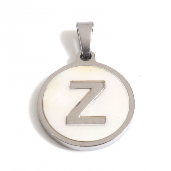 Picture of 304 Stainless Steel & Shell Charms Silver Tone White Round Initial Alphabet/ Capital Letter Message " Z " 24mm x 16mm, 1 Piece