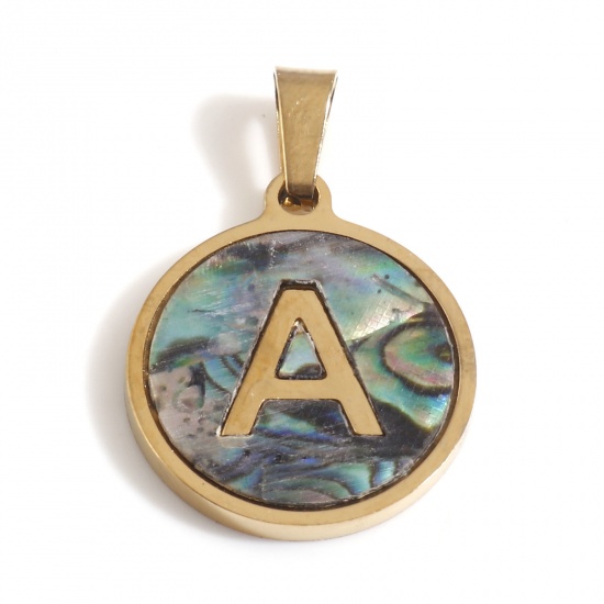 Immagine di 304 Acciaio Inossidabile & Conchiglia Charms Tondo Oro Placcato Multicolore Lettera Maiuscola Messaggio " A " 24mm x 16mm, 1 Pz