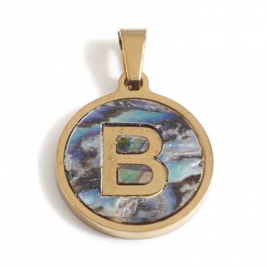 Immagine di 304 Acciaio Inossidabile & Conchiglia Charms Tondo Oro Placcato Multicolore Lettera Maiuscola Messaggio " B " 24mm x 16mm, 1 Pz