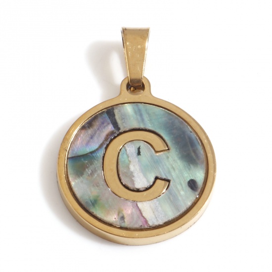 Immagine di 304 Acciaio Inossidabile & Conchiglia Charms Tondo Oro Placcato Multicolore Lettera Maiuscola Messaggio " C " 24mm x 16mm, 1 Pz