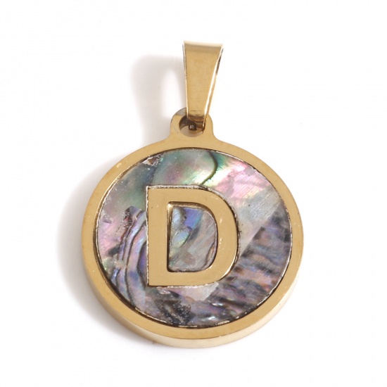 Immagine di 304 Acciaio Inossidabile & Conchiglia Charms Tondo Oro Placcato Multicolore Lettera Maiuscola Messaggio " D " 24mm x 16mm, 1 Pz