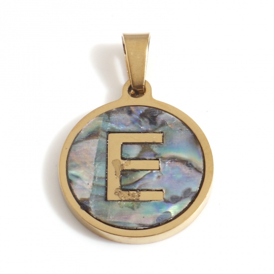 Immagine di 304 Acciaio Inossidabile & Conchiglia Charms Tondo Oro Placcato Multicolore Lettera Maiuscola Messaggio " E " 24mm x 16mm, 1 Pz