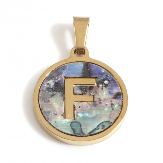 Immagine di 304 Acciaio Inossidabile & Conchiglia Charms Tondo Oro Placcato Multicolore Lettera Maiuscola Messaggio " F " 24mm x 16mm, 1 Pz