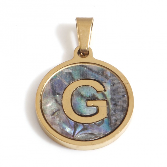Immagine di 304 Acciaio Inossidabile & Conchiglia Charms Tondo Oro Placcato Multicolore Lettera Maiuscola Messaggio " G " 24mm x 16mm, 1 Pz