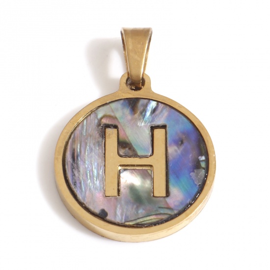 Immagine di 304 Acciaio Inossidabile & Conchiglia Charms Tondo Oro Placcato Multicolore Lettera Maiuscola Messaggio " H " 24mm x 16mm, 1 Pz