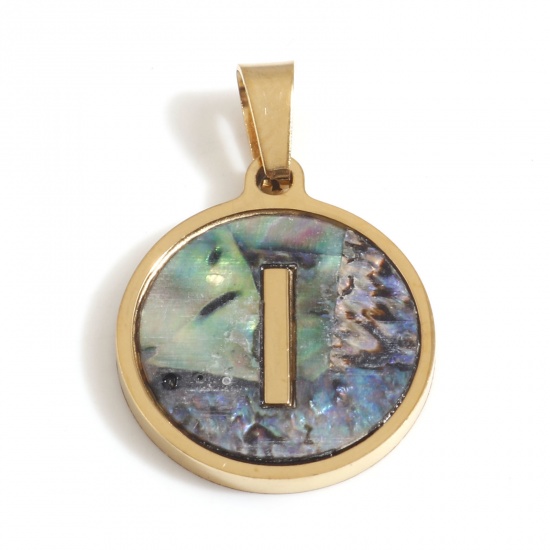 Immagine di 304 Acciaio Inossidabile & Conchiglia Charms Tondo Oro Placcato Multicolore Lettera Maiuscola Messaggio " I " 24mm x 16mm, 1 Pz