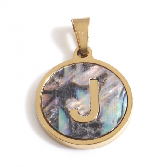 Immagine di 304 Acciaio Inossidabile & Conchiglia Charms Tondo Oro Placcato Multicolore Lettera Maiuscola Messaggio " J " 24mm x 16mm, 1 Pz