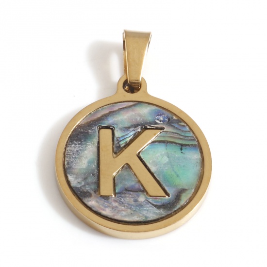 Immagine di 304 Acciaio Inossidabile & Conchiglia Charms Tondo Oro Placcato Multicolore Lettera Maiuscola Messaggio " K " 24mm x 16mm, 1 Pz