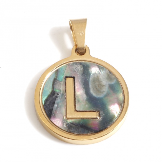 Immagine di 304 Acciaio Inossidabile & Conchiglia Charms Tondo Oro Placcato Multicolore Lettera Maiuscola Messaggio " L " 24mm x 16mm, 1 Pz