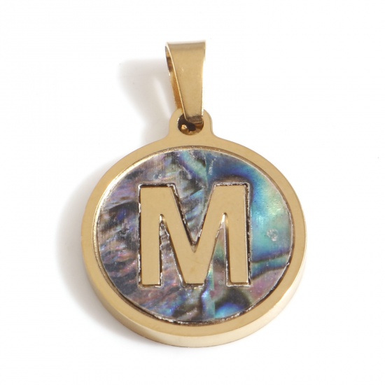 Immagine di 304 Acciaio Inossidabile & Conchiglia Charms Tondo Oro Placcato Multicolore Lettera Maiuscola Messaggio " M " 24mm x 16mm, 1 Pz