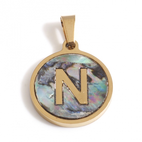 Immagine di 304 Acciaio Inossidabile & Conchiglia Charms Tondo Oro Placcato Multicolore Lettera Maiuscola Messaggio " N " 24mm x 16mm, 1 Pz