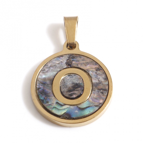 Immagine di 304 Acciaio Inossidabile & Conchiglia Charms Tondo Oro Placcato Multicolore Lettera Maiuscola Messaggio " O " 24mm x 16mm, 1 Pz