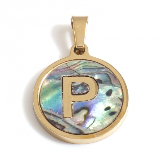 Immagine di 304 Acciaio Inossidabile & Conchiglia Charms Tondo Oro Placcato Multicolore Lettera Maiuscola Messaggio " P " 24mm x 16mm, 1 Pz