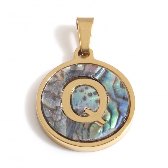 Immagine di 304 Acciaio Inossidabile & Conchiglia Charms Tondo Oro Placcato Multicolore Lettera Maiuscola Messaggio " Q " 24mm x 16mm, 1 Pz