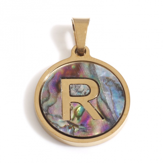 Immagine di 304 Acciaio Inossidabile & Conchiglia Charms Tondo Oro Placcato Multicolore Lettera Maiuscola Messaggio " R " 24mm x 16mm, 1 Pz