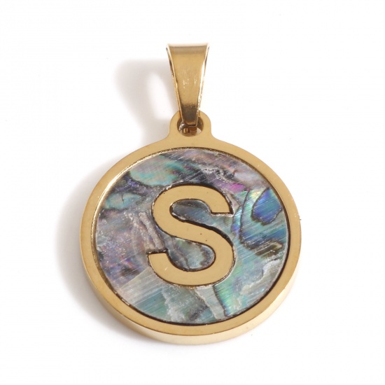 Immagine di 304 Acciaio Inossidabile & Conchiglia Charms Tondo Oro Placcato Multicolore Lettera Maiuscola Messaggio " S " 24mm x 16mm, 1 Pz