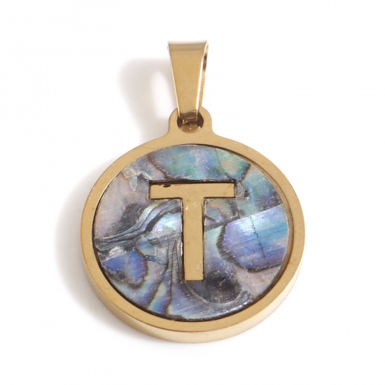 Immagine di 304 Acciaio Inossidabile & Conchiglia Charms Tondo Oro Placcato Multicolore Lettera Maiuscola Messaggio " T " 24mm x 16mm, 1 Pz