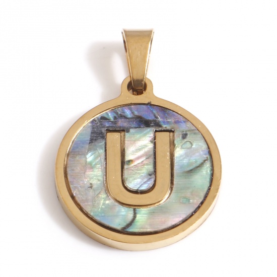 Immagine di 304 Acciaio Inossidabile & Conchiglia Charms Tondo Oro Placcato Multicolore Lettera Maiuscola Messaggio " U " 24mm x 16mm, 1 Pz