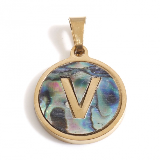 Immagine di 304 Acciaio Inossidabile & Conchiglia Charms Tondo Oro Placcato Multicolore Lettera Maiuscola Messaggio " V " 24mm x 16mm, 1 Pz