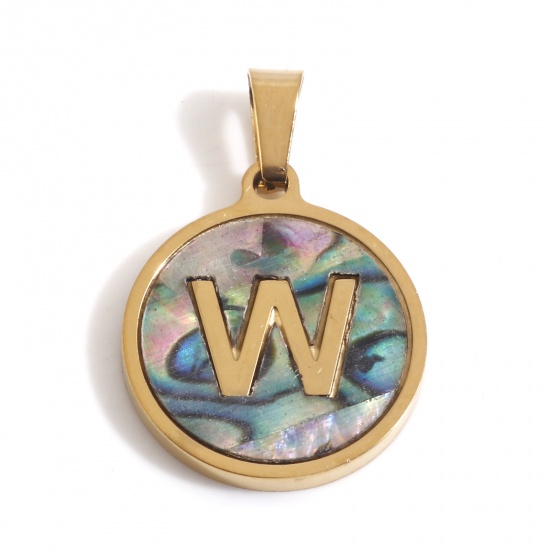 Immagine di 304 Acciaio Inossidabile & Conchiglia Charms Tondo Oro Placcato Multicolore Lettera Maiuscola Messaggio " W " 24mm x 16mm, 1 Pz