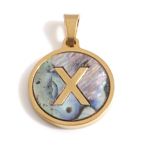 Immagine di 304 Acciaio Inossidabile & Conchiglia Charms Tondo Oro Placcato Multicolore Lettera Maiuscola Messaggio " X " 24mm x 16mm, 1 Pz