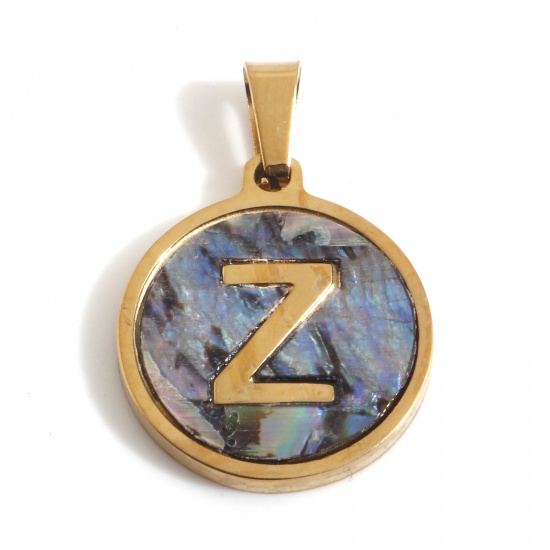 Immagine di 304 Acciaio Inossidabile & Conchiglia Charms Tondo Oro Placcato Multicolore Lettera Maiuscola Messaggio " Z " 24mm x 16mm, 1 Pz