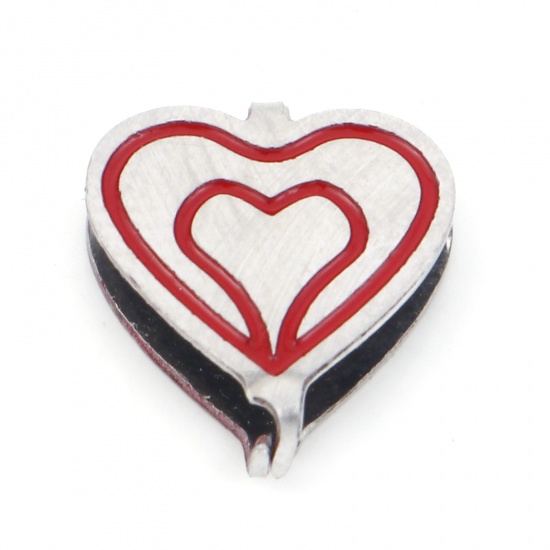 Immagine di 304 Acciaio Inossidabile Fermagli Per Ciondolo Pizzico Cuore Tono Argento Rosso Smalto 11mm x 10mm, 2 Pz