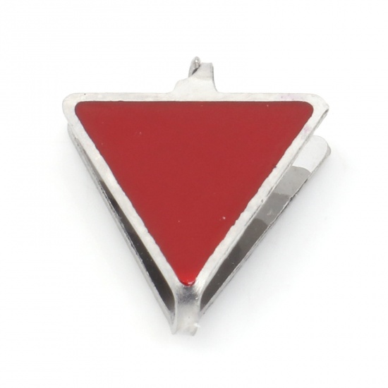Immagine di 304 Acciaio Inossidabile Fermagli Per Ciondolo Pizzico Triangolo Tono Argento Rosso Smalto 11mm x 10mm, 2 Pz