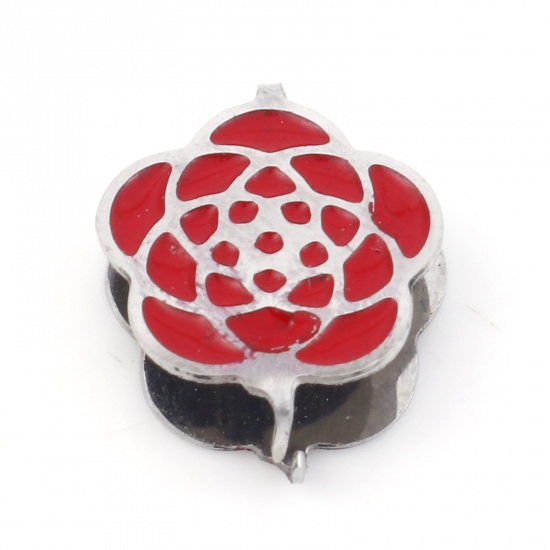 Immagine di 304 Acciaio Inossidabile Fermagli Per Ciondolo Pizzico Fiore Tono Argento Rosso Smalto 12mm x 10mm, 2 Pz