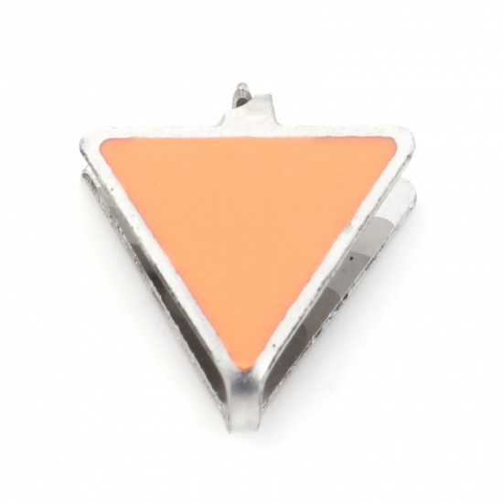 Immagine di 304 Acciaio Inossidabile Fermagli Per Ciondolo Pizzico Triangolo Tono Argento Arancione Smalto 11mm x 10mm, 2 Pz
