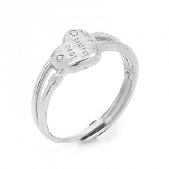 Bild von 304 Edelstahl Valentinstag Offen Verstellbar Ring Silberfarbe Herz Message " Love Inspire Teach " 18.5mm（US Größe:8.5), 1 Stück