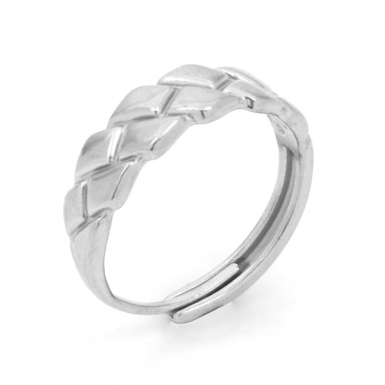 Bild von 304 Edelstahl Stilvoll Offen Verstellbar Ring Silberfarbe Raute Textur 18.9mm（US Größe:9), 1 Stück