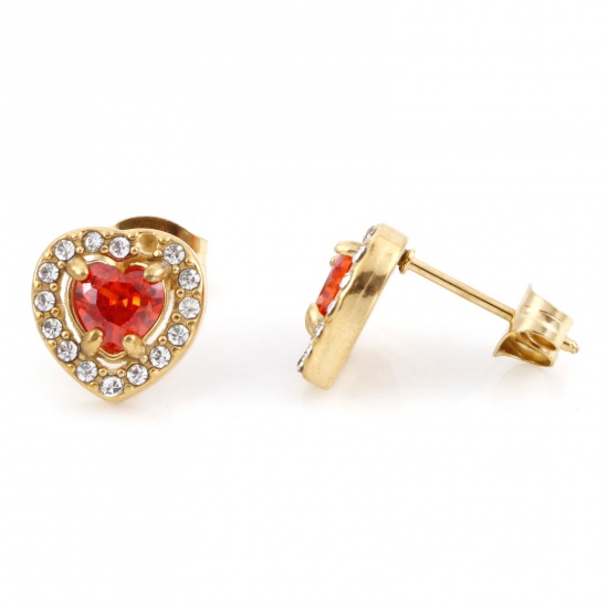 Bild von 304 Edelstahl Monatsstein Ohrring Ohrstecker Vergoldet Rot Herz Juli Micro Pave Rot Zirkonia 10mm x 10mm, Drahtstärke: (20 gauge), 1 Paar