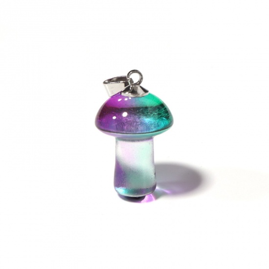 Picture of Lampwork Glass Charms Purple & Green Mushroom 3D 25mm x 15mm, 2 PCs