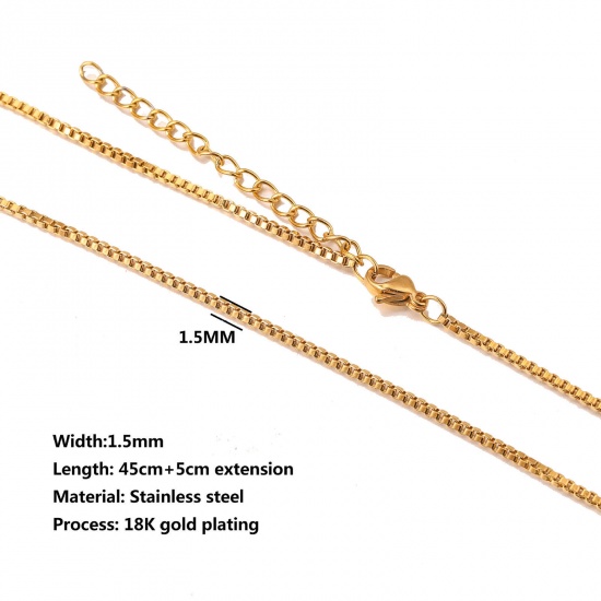 Immagine di 304 Acciaio Inossidabile Catena di casella Collana 18K Oro Placcato 45cm Lunghezza, Dimensione della Catena 1.5mm, 10 Pz
