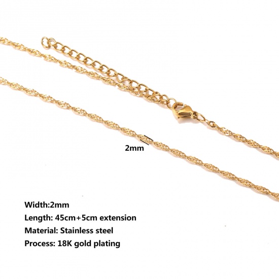 Immagine di 304 Acciaio Inossidabile Catena d'Onda Collana 18K Oro Placcato 45cm Lunghezza, Dimensione della Catena 2mm, 10 Pz