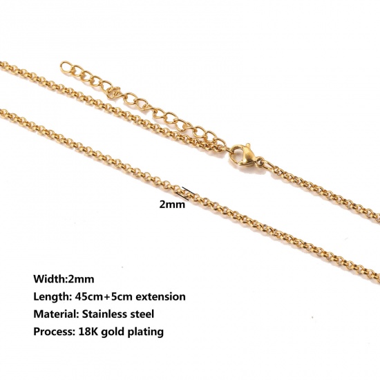 Immagine di 304 Acciaio Inossidabile Rollo Catena Collana 18K Oro Placcato 45cm Lunghezza, Dimensione della Catena 2mm, 10 Pz