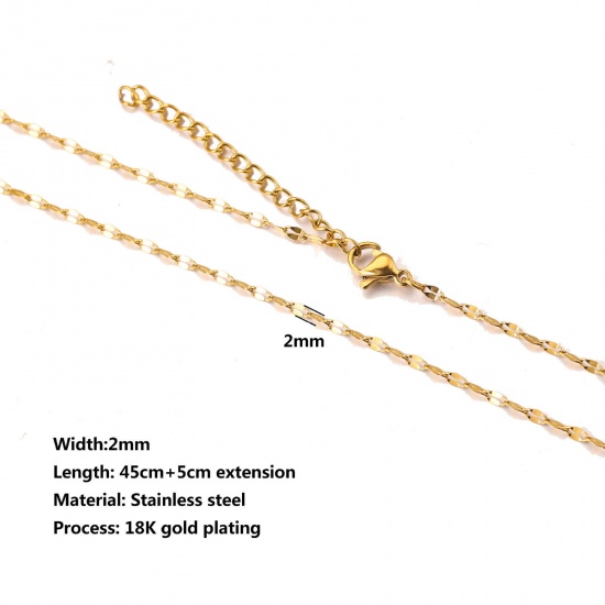 Immagine di 304 Acciaio Inossidabile Catena delle Labbra Collana 18K Oro Placcato 45cm Lunghezza, Dimensione della Catena 2mm, 10 Pz