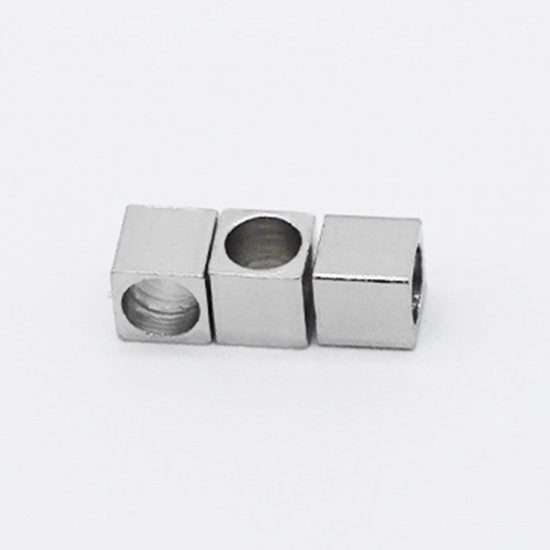 Picture of 304 Stainless Steel Beads Cube Silver Tone 3mm x 3mm, Hole: Approx 2mm, 20 PCs