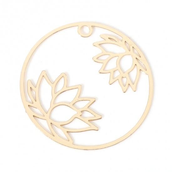 Immagine di Lega di Ferro Religione Charms Tondo KC Placcato Oro Fiore Di Loto 27mm Dia, 10 Pz