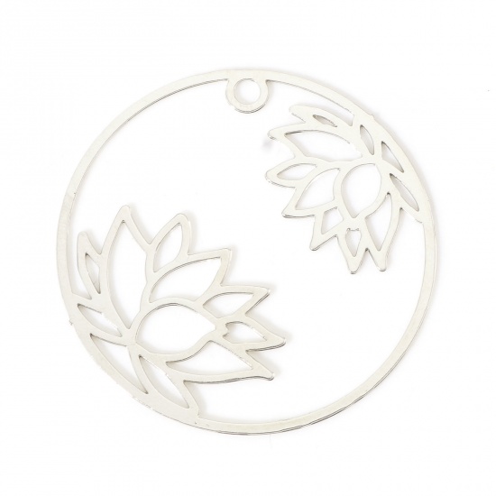 Immagine di Lega di Ferro Religione Charms Tondo Tono Argento Fiore Di Loto 27mm Dia, 10 Pz