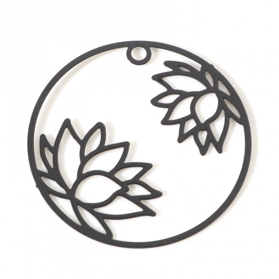 Immagine di Lega di Ferro Religione Charms Tondo Nero Fiore Di Loto Pittura 27mm Dia, 10 Pz