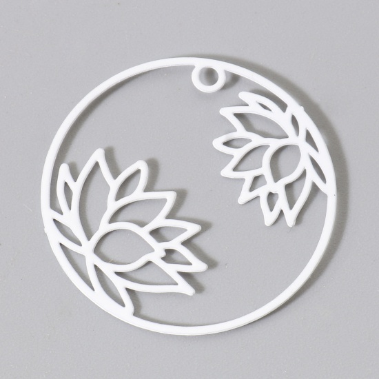 Immagine di Lega di Ferro Religione Charms Tondo Bianco Fiore Di Loto Pittura 27mm Dia, 10 Pz
