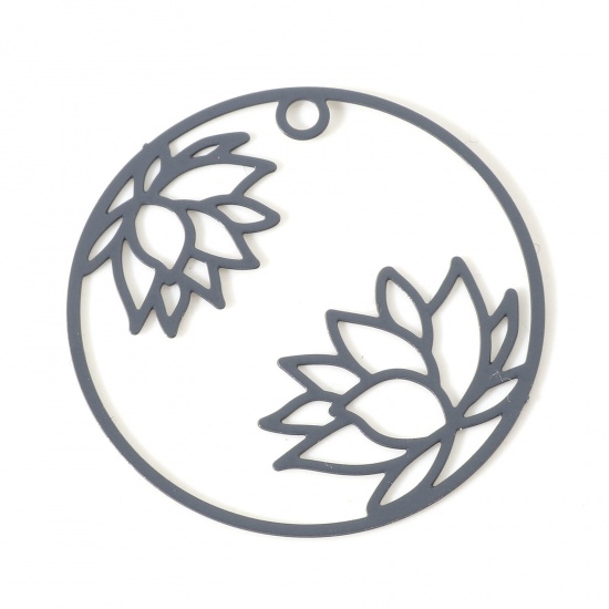 Immagine di Lega di Ferro Religione Charms Tondo Grigio Scuro Fiore Di Loto Pittura 27mm Dia, 10 Pz