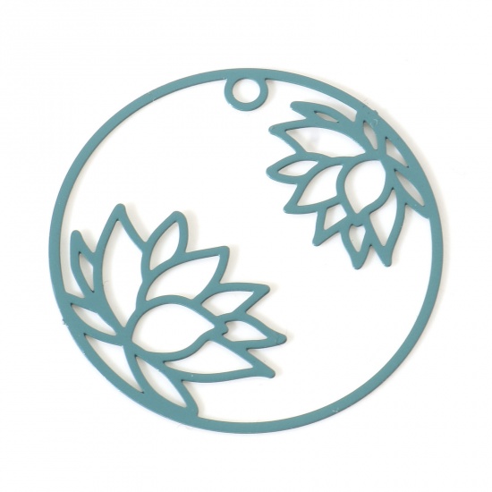 Immagine di Lega di Ferro Religione Charms Tondo Buco Verde Fiore Di Loto Pittura 27mm Dia, 10 Pz