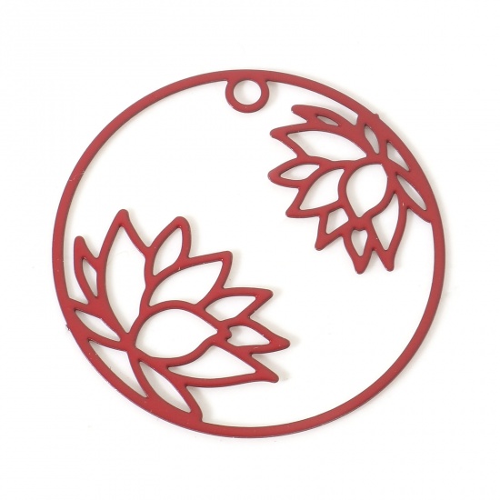 Immagine di Lega di Ferro Religione Charms Tondo Rosso Fiore Di Loto Pittura 27mm Dia, 10 Pz